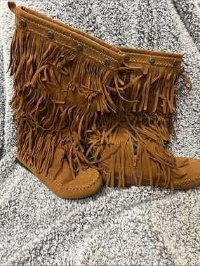 Hot Cakes Tan Fringe Suede Mid-Calf Boots